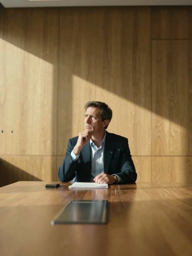 Cinematic wide environmental shot of a focused executive in deep thought inside a modern architectural boardroom, strong directional window light with deep soft shadows, warm brass tones, sharp focus, 35mm