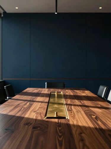 Cinematic portrait of a modern architectural boardroom, dramatic directional window light casting long shadows across a dark oak table with warm brass details, sharp focus, 35mm.