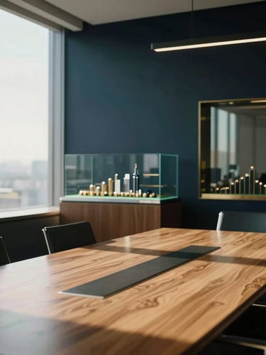 Cinematic wide shot of a modern architectural boardroom, strong directional window light casting deep shadows, a high-end financial model visible on a premium display in the background, warm editorial photography, 35mm