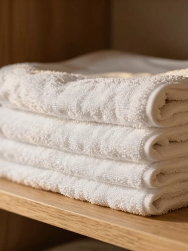 Macro shot of neatly folded clean white towels on a natural warm wood shelf, soft golden light, shallow depth of field