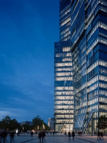 Wide-angle architectural shot of a modern commercial building facade at dusk, featuring a complex glass and steel structure, crisp cool tones, high contrast, with a subtle glow from interior lighting. The building occupies the right half of the frame, with expansive sky on the left.