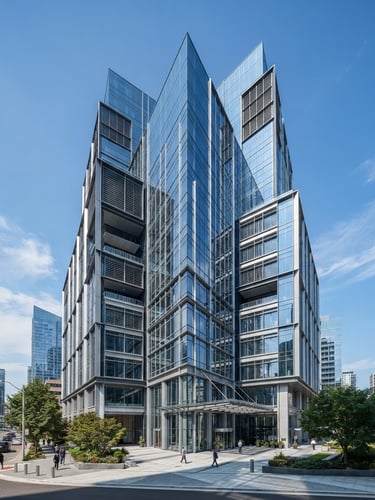 Wide-angle architectural perspective of a modern commercial building facade, crisp daylight, cool blue and steel gray tones, high-contrast commercial aesthetic, with expansive sky.