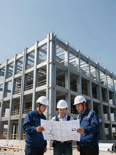 Engineers reviewing technical blueprints on a construction site, focused on structural details, crisp daylight, cool blue and gray tones, wide-angle.