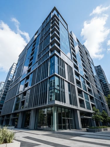 Wide-angle architectural perspective of a modern commercial building facade with crisp daylight, cool blue and steel gray tones, high-contrast, no people.