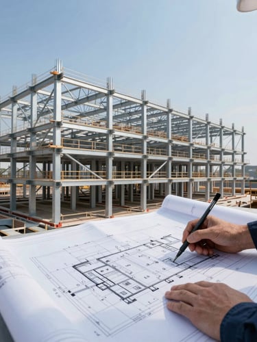 Engineer reviewing intricate structural blueprints on a construction site, focus on detailed plans and a precision tool, crisp daylight, cool blue and steel gray tones.