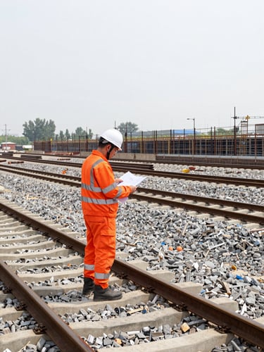 Wide environmental shot of a railway construction site, an engineer in high-visibility orange gear inspecting technical drawings, sharp industrial photography, crisp overcast daylight, high-contrast steel