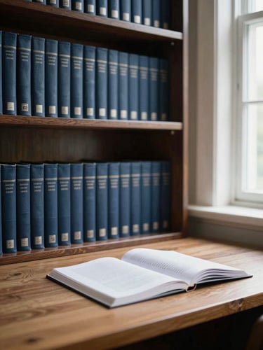 A quiet, sunlit university library alcove with leather-bound books on dark oak shelves, a clean wooden desk with an open research manuscript, soft window light, 35mm photography