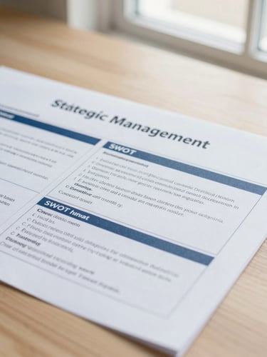 Close-up of a printed strategic management report with highlighted SWOT analysis sections, resting on a clean oak desk under soft window daylight, 35mm