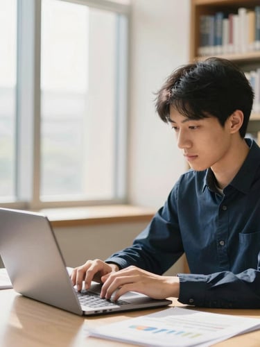 A professional student analyzing corporate finance charts on a laptop in a sunlit university library, bright natural daylight, deep navy and warm ivory tones, shallow depth of field, 35mm
