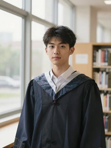 A portrait of a confident postgraduate student in a library setting, bright natural day light, shallow depth of field, authentic feel