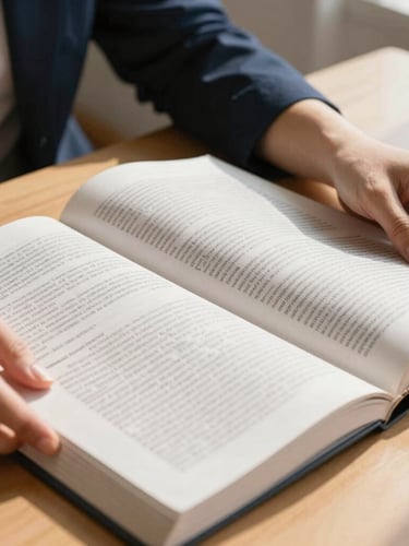 Close-up of hands highlighting text in an academic journal on a wooden desk, warm afternoon sunlight casting long shadows, 35mm editorial style.