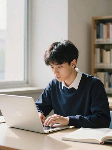 A focused university student studying with a laptop in a bright, modern university library, natural window light, soft shadows, 35mm photography