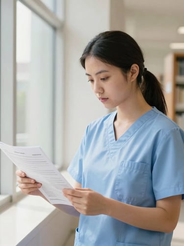 A focused nursing student in light blue scrubs reviewing medical charts in a bright, modern university library, natural window light, 35mm photography.