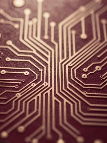 Abstract, high-contrast image of intricate neural pathways or a complex circuit board, bathed in deep burgundy and antique champagne light, with subtle energy flows, macro lens, warm editorial photography.