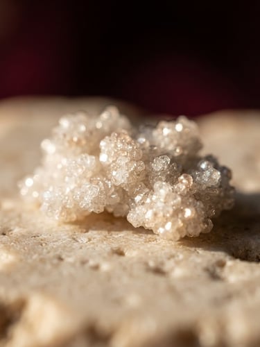 Macro shot of pure white monoatomic gold powder crystals, glowing subtly under a dramatic golden-hour window light, on a warm ivory stone surface, deep burgundy shadows in background, shallow depth of field.