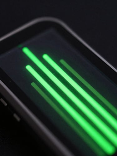 Extreme macro shot of a custom handheld device screen, vibrant electric-green OLED lines glowing in low-key dramatic studio lighting, shallow depth of field, dark glass reflections.