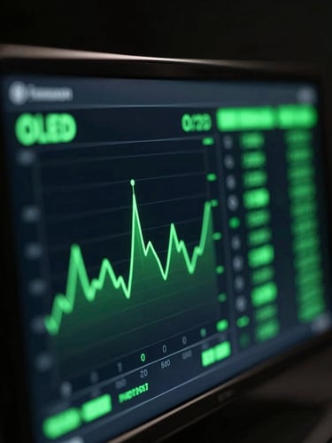 Extreme macro close-up of a premium OLED smart screen displaying high-fidelity green telemetry data, low-key dramatic studio lighting, neon reflections on dark curved glass, shallow depth of field.