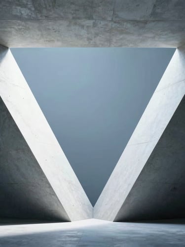 Symmetrical architectural concrete structure with sharp geometric shadows under stark white studio light, cool blue undertones, minimalist composition.
