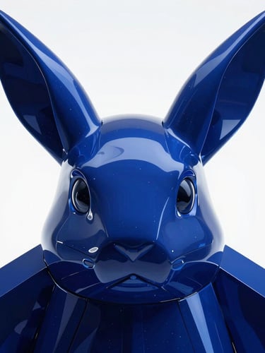 Symmetrical close-up of a futuristic digital sculpture, sharp metallic edges reflecting deep sapphire light, pristine white background.
