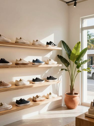 Warm interior shot of TorcatStore boutique in Margarita, soft natural light, minimalist display of sneakers on wooden shelves, tropical plant in a clay pot nearby