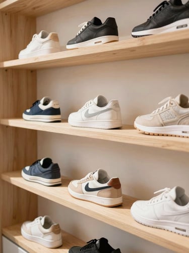 Bright editorial photography of curated contemporary sneakers and apparel displayed on clean wooden shelves, warm natural island daylight, soft shadows