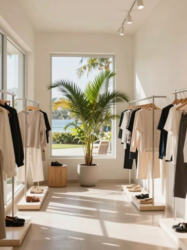 Bright editorial photography of a modern clothing boutique interior, warm natural island daylight streaming through windows, soft palm green plants, clean minimalist racks with shoes and apparel, 35mm lens