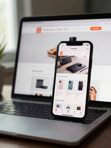Close-up of a smartphone and laptop screen side-by-side on a dark desk, both displaying a clean Indonesian e-commerce website with product listings, studio lighting for screen clarity, natural daylight from the left edge