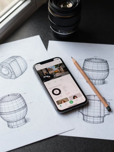 Overhead flat-lay of wireframe sketches and a smartphone showing a live website analytics screen, load-time numbers visible, natural daylight from a window, dark desk surface, pencil beside the phone