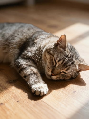 Close-up of a sleeping cat curled up in a warm patch of sunlight on a wooden floor, soft dust motes, peaceful and serene atmosphere.