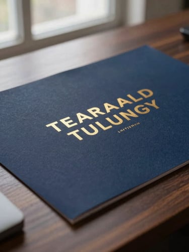 Close-up of high-end physical campaign collateral on a heavy textured paper with subtle gold foil details, resting on a dark walnut executive desk under soft window light