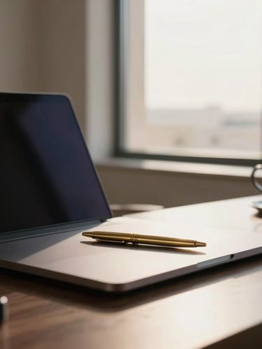 Minimalist executive workspace in Riyadh, warm afternoon window light casting soft shadows on a high-end notebook and gold pen, shallow depth of field, 35mm