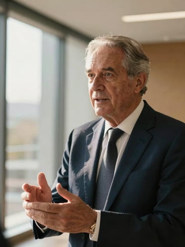 Candid medium portrait of a senior executive in discussion, warm natural side-light, modern architectural interior, professional and human tone