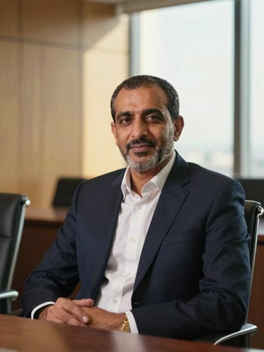 Warm executive editorial portrait of Ahmed Abdelmohsen in a modern Riyadh boardroom, soft window light, shallow depth of field, 35mm