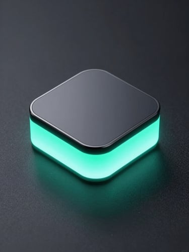 Sleek isometric 3D device mockup on dark obsidian background with glowing neon cyan ambient light, ultra-sharp macro focus, 35mm