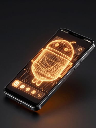 Dynamic isometric 3D device mockup of a sleek Android smartphone, glowing amber UI wireframe on screen, dark obsidian background, dramatic neon lighting