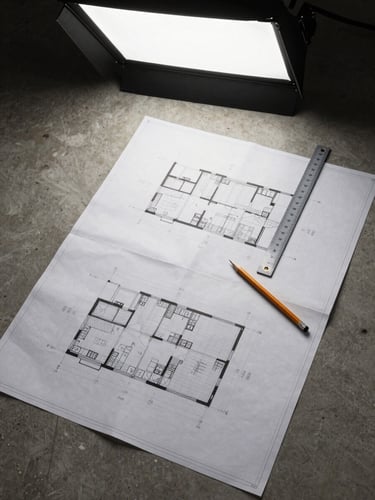 Overhead flat-lay of large-format architectural plans spread on a concrete surface, a site survey ruler and pencil resting on the sheets, studio lighting from above, technical documentation visible with structural grid lines, no people, no branding