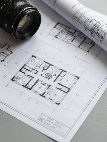 Close-up overhead flat-lay of architectural technical plans and structural assessment documents on a grey work surface, mechanical system schematics visible, overcast studio lighting, no people