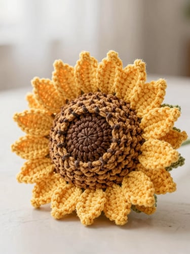 Close-up portrait of a handmade crochet sunflower bouquet resting on a smooth, light beige marble surface, bright diffused natural morning light highlighting the intricate cotton stitches, shallow depth of field, warm pastel background.