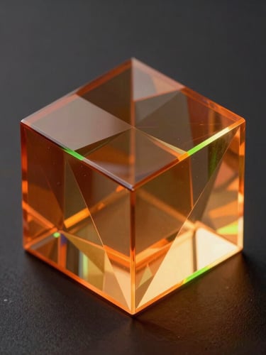 Isometric 3D composition of abstract glass-like and holographic geometric shapes glowing with deep orange and amber backlighting against a dark charcoal canvas, sharp neon green highlights on the edges.