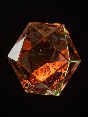 Close-up of a futuristic 3D geometric glass sculpture reflecting volcanic orange and amber light, floating on a pitch-black background with subtle neon green rim lighting, high-contrast, premium digital art style.
