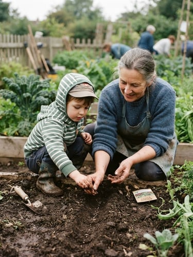 A quiet, unposed documentary photograph of a local community garden, an older volunteer guiding a young child planting seeds in dark soil, soft natural overcast daylight, warm organic tones, 35mm film.