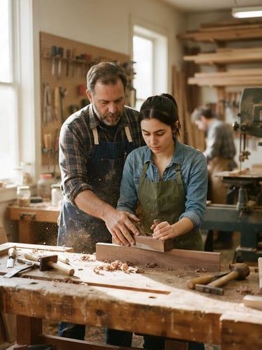 A medium shot of an instructor guiding an apprentice in a sunlit woodworking shop, sawdust caught in natural window light, muted earthy tones, shallow depth of field, 35mm film.