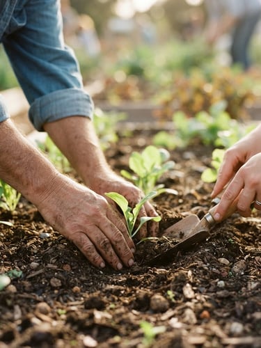 A close-up documentary shot of hands working together in a sunlit community garden, tending to green seedlings in rich soil, warm natural daylight, shallow depth of field, 35mm film