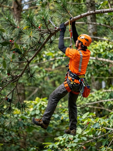 Professional arborist in high-visibility climbing harness using technical rigging systems to secure a massive pine branch, crisp daylight, forest background