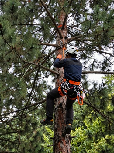 Low-angle shot looking up at a certified arborist in a high-altitude climbing harness on a massive pine tree, crisp natural daylight, forest green and safety orange gear accents, sharp focus