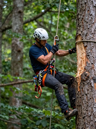 Close-up of a professional arborist rigging system mid-cut, heavy duty ropes tensioned around a massive trunk section, wood chips flying, sharp focus, technical gear