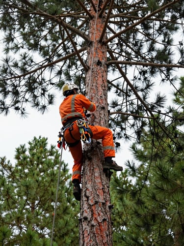 Low-angle shot looking up a massive pine tree trunk, a professional arborist in high-visibility orange climbing gear and harness ascending with technical rigging, crisp daylight, sharp focus, 35mm