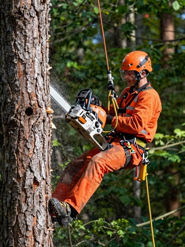 Close-up action shot of a professional arborist in safety orange gear executing a precise chainsaw cut on a massive tree trunk, woodchips flying, crisp morning daylight, sharp focus, 35mm photography