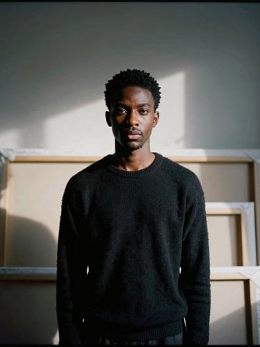 An editorial medium-format portrait of a contemporary Black artist in a minimalist London studio, soft directional window light highlighting their focused expression, canvases stacked in deep shadow behind them.