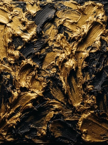 Extreme close-up of thick oil paint textures in deep gold and obsidian black, dramatic gallery spotlighting, medium format film.